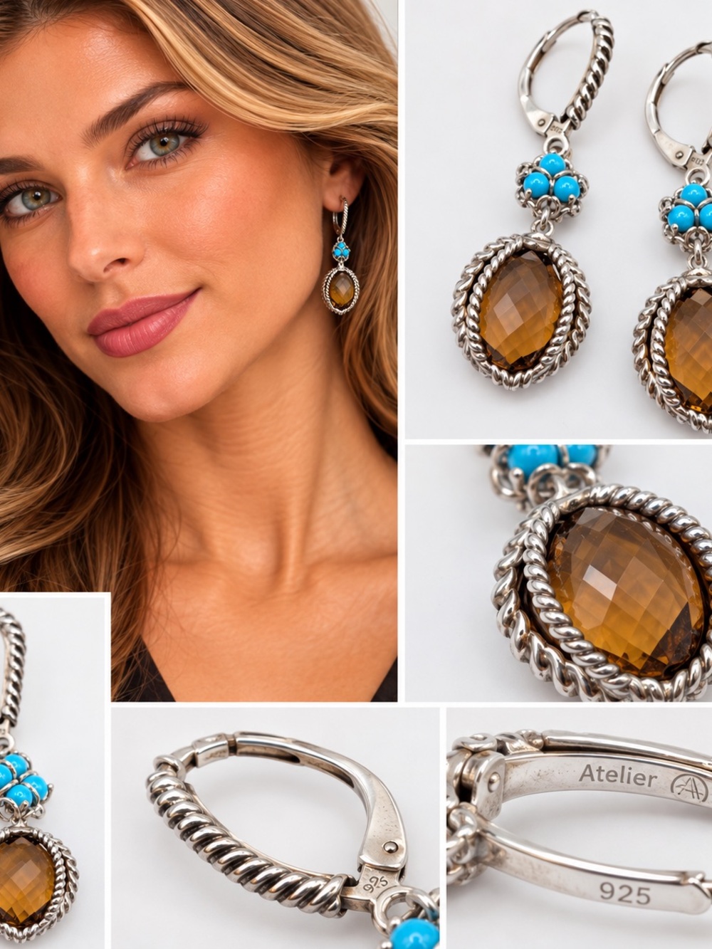 Atelier 925 Sterling Silver Turquoise & Faceted Brown Gemstone Drop Earrings